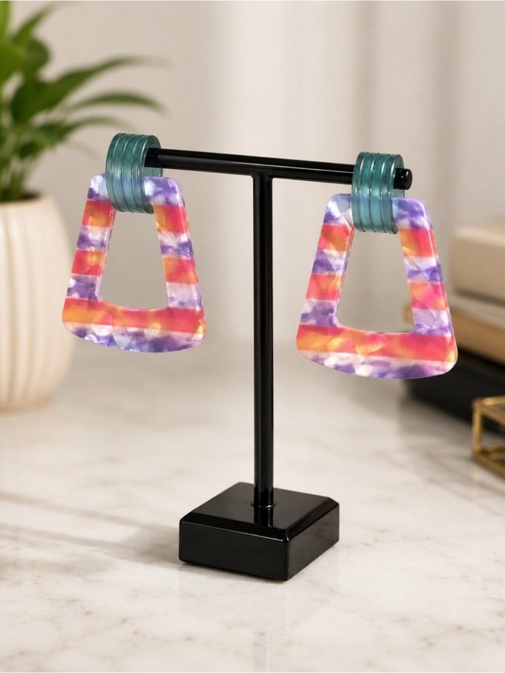 Multicolor Striped Resin Hoop Drop Earrings
